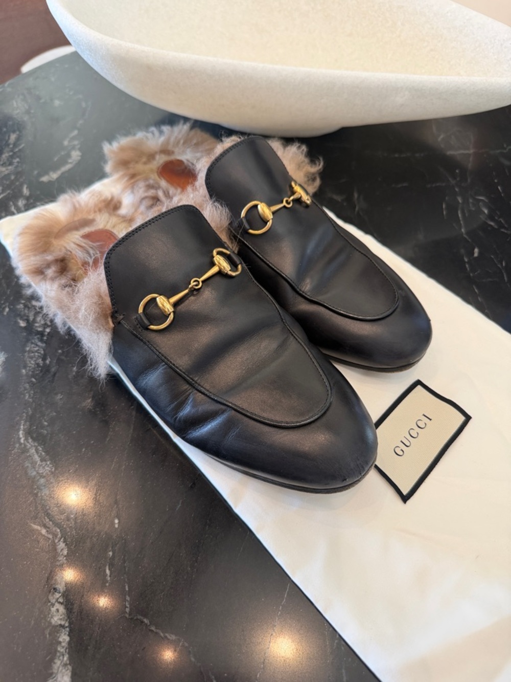 Gucci Black Leather Slip-On Fur-Lined Horsebit Mules